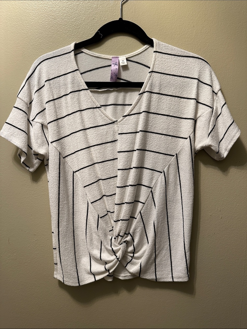 Striped V-Neck Twist Front Women's Top - White/Black